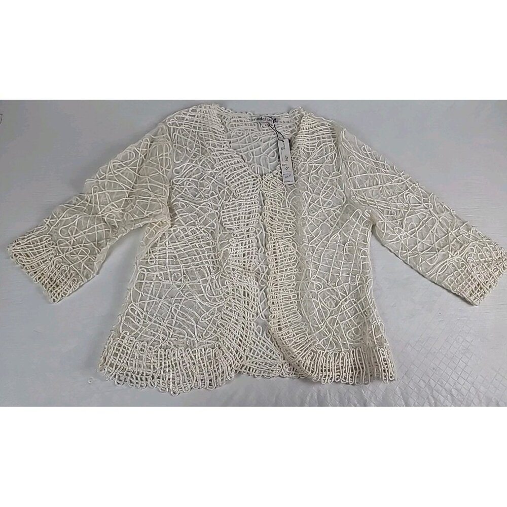 Modelia Sheer Mesh Beaded Embroidered Jacket  2XL White 3/4 Sleeve Waist Length